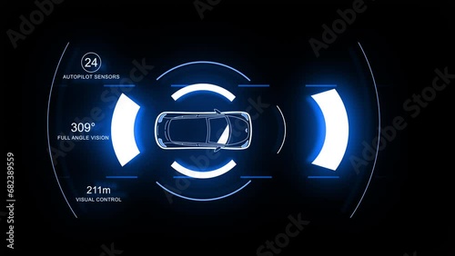 Autonomous Car. Sensing system. Driverless car. Future Smart Sensing System with Wifi , GPS Assist and Safety Guard. Highway Road Top View. Mobility Intelligent Monitor. photo