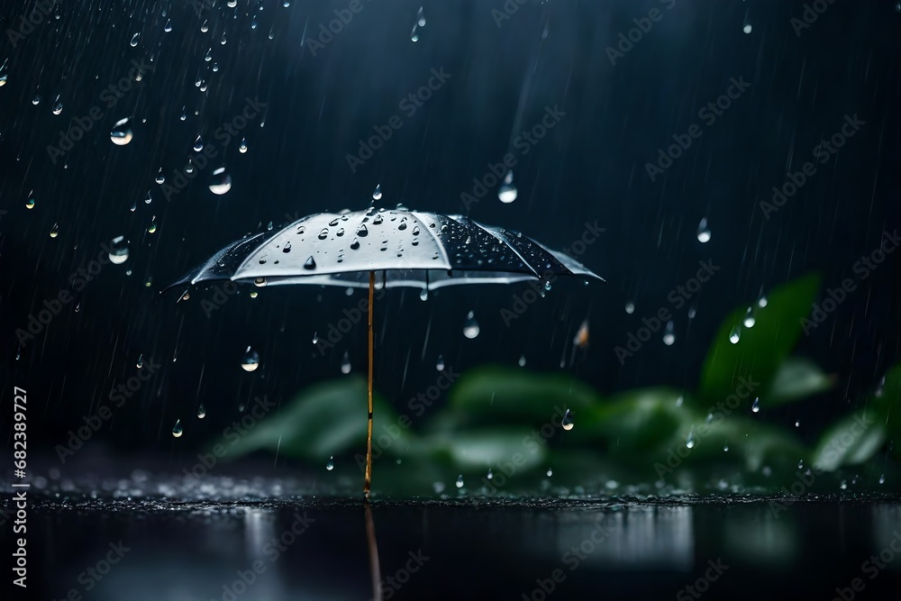 Realistic photographic style portraying the essence of the rainy season, focusing on raindrops falling against a dark background