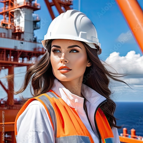 A girl in a helmet works in the sea on an oil platform. Sunny bright day at sea