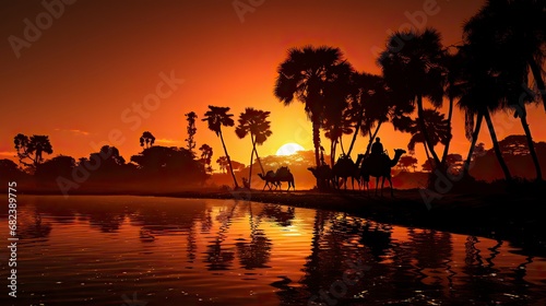 Silhouette and silhouettes of camels in the sunset  Ephiny Day  Christian Holiday 