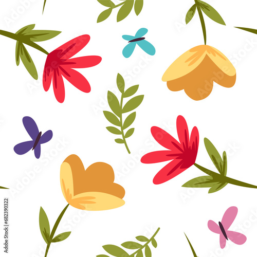 Easter Spring Pattern with Cute Flowers  Butterfly and Leaves on White Background. Vector Flat lllustration.