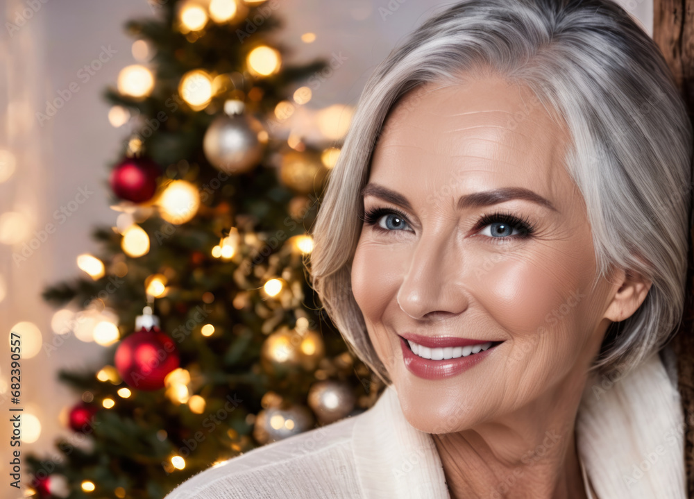 Close-up of a beautiful and elegant lady of about 50 years old, smiling, against the background of a splendid Christmas scene Close-up of a beautiful and elegant lady of about 50 years old, smiling, against the background of a splendid Christmas scene