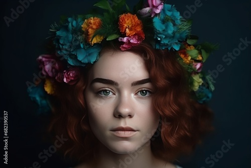Young woman portrait with beautiful flowers and green leaves in hair © Ilia