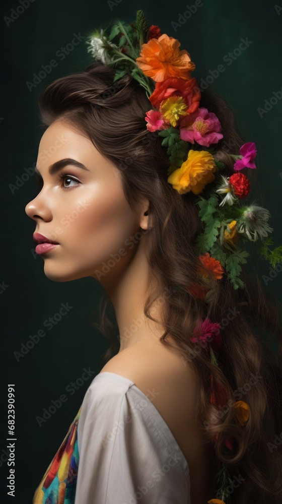 Fototapeta premium Young woman portrait with beautiful flowers and green leaves in hair