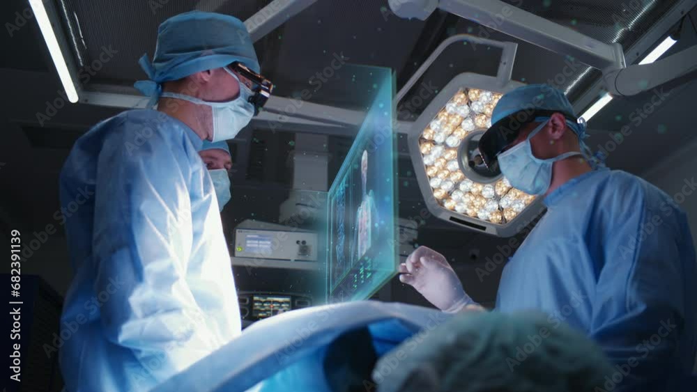 Surgeons in AR headsets operate patient in modern hospital. Doctors perform surgery using 3D virtual hologram showing human organs and skeleton. VFX graphics animation. AI technologies in medicine.