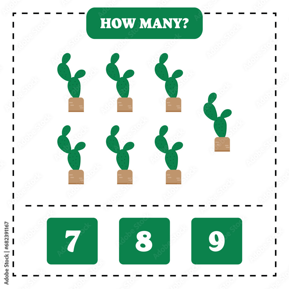 How many cactus are there? Educational worksheet design for children. Counting game for kids.	