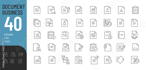 Business Document Line Editable Icons set. Vector illustration in thin line modern style of paper documentation icons: text documents, lists, folders, contracts, and more. Isolated on white