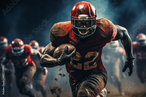 American football player of African descent in a red uniform runs with the ball