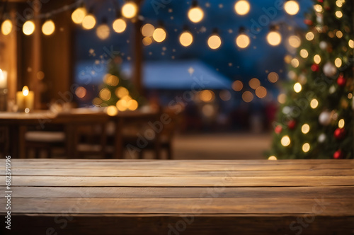 empty wooden table with blurred happy holiday background