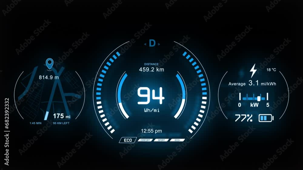 Digital car dashboard with navigation, speedometer, battery indicator.