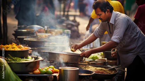 Indian Street Food Vendor Preparing Traditional Cuisine.