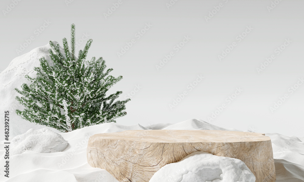 Wooden product display podium with pine tree and stone. Winter concept. 3D rendering	 - obrazy, fototapety, plakaty 