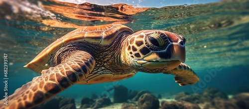 a turtle is swimming in the clear sea © siti