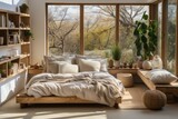 Modern bedroom in white and beige colors. Panoramic view of nice cozy bedroom with summer outdoor view.