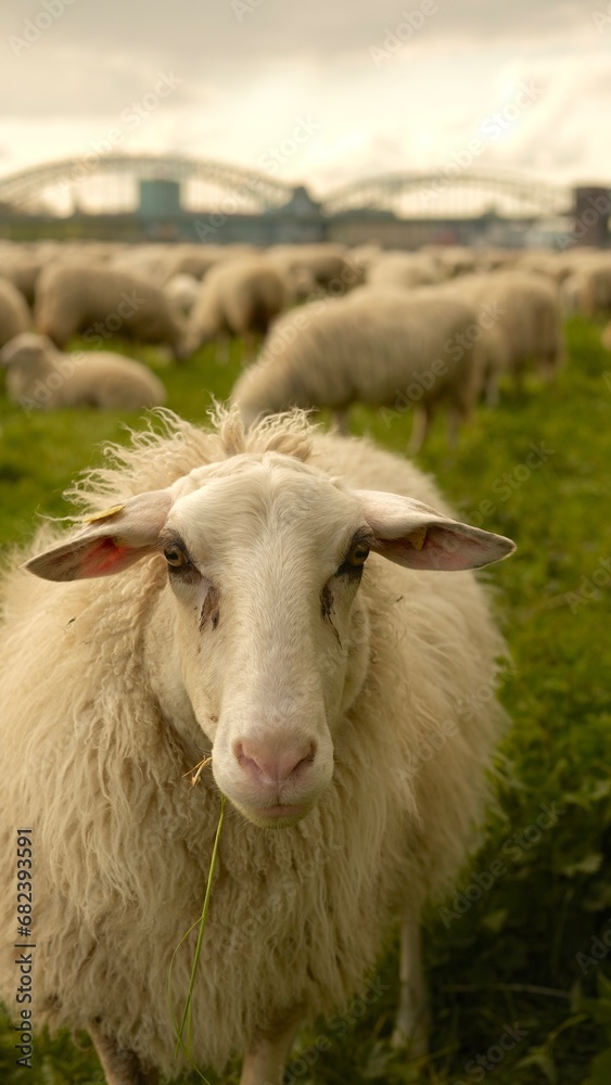 Close up portrait of a sheep.Sheep graze in a clearing with a background of the Cologne bridge. High quality photo Close up portrait of a sheep.Sheep graze in a clearing with a background of the Cologne bridge. High quality photo