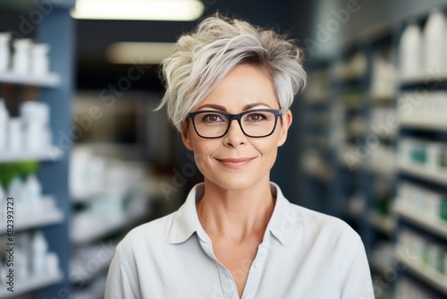 Female pharmacist smiles on camera at work