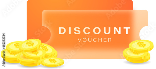 Gift voucher coupon discount with coin, online shopping marketing, promotion for website, social media icon, e-commerce, Glass morphism, Frosted glass, modern style
