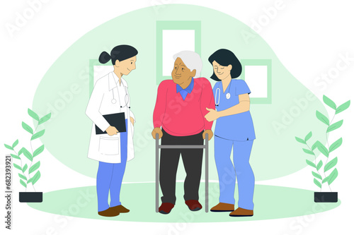 Female doctor assisting senior patient in walking with walker at home. Health fitness vector illustration.