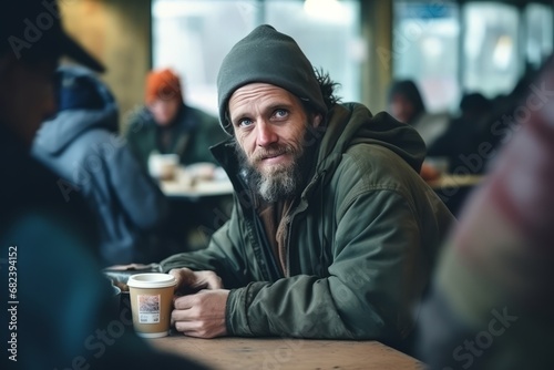 Positive homeless bearded white man sitting at a table at a charity dinner in a shelter