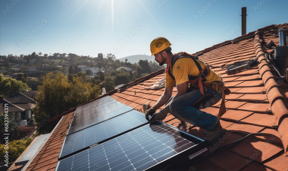 Profesional worker is installing solar panels on the roof of the house. Sustainable energy sources. Alternative energy Profesional worker is installing solar panels on the roof of the house. Sustainable energy sources. Alternative energy