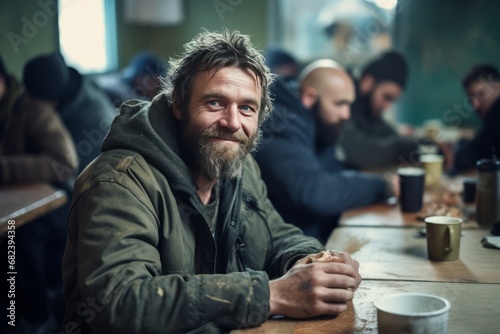 Positive homeless bearded white man sitting at a table at a charity dinner in a shelter