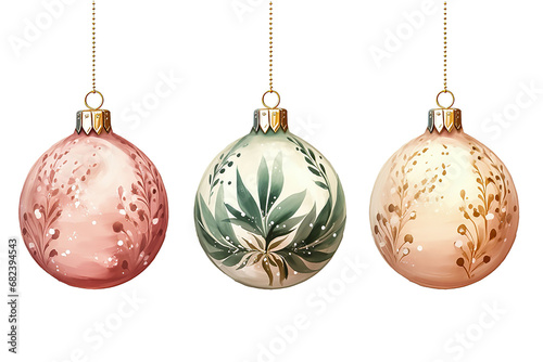 illustration of christmas baubles on white ground in watercolor style, christmas background