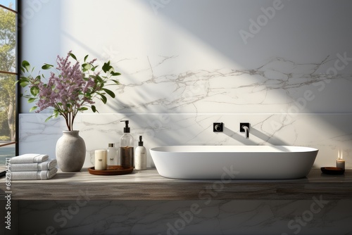 Marble white round podium for bathing products in bathroom  spa shampoo  shower gel  liquid soap. Place  background for cosmetics. Bathroom background  Mockup space for montage product