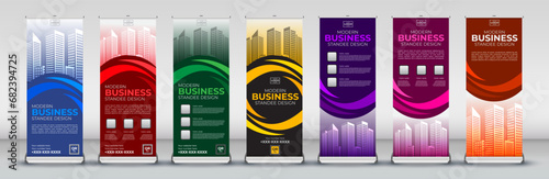 Business vertical roll up banner design set for presentations, events, meetings, annual events, promotions in red, blue, green, orange, pink, yellow, purple colors for standee, x stand