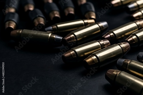 Heap of bullets on dark background. Firearm dangerous caliber pistol bullet. Generate ai