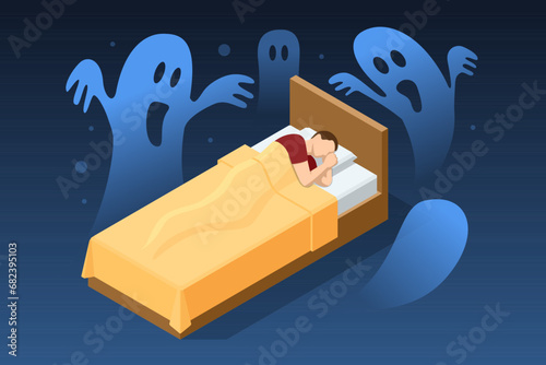 Isometric sleeping man has nightmares. Horrible dream. Stress and night terrors