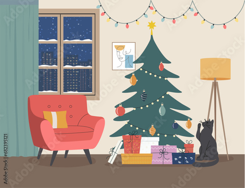 Christmas living room interior.  Vector flat cartoon illustration