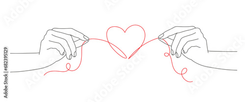Two hand with red heart line art style vector illustration. Valentine day clip art