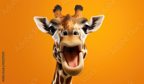 Studio Portrait of Funny and Excited Giraffe on Orange Background with Shocked or Surprised Expression and Open Mouth. © Ruslan Gilmanshin