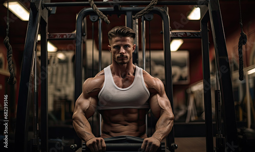 Handsome man bodybuilder during workout in the gym.