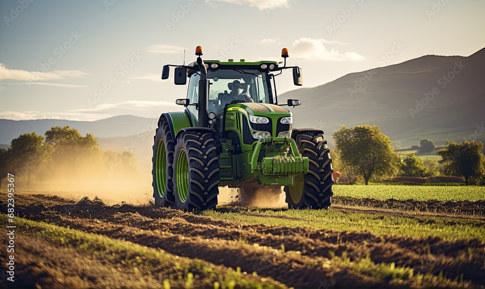 The tractor works the soil in the field with amazing background - obrazy, fototapety, plakaty 