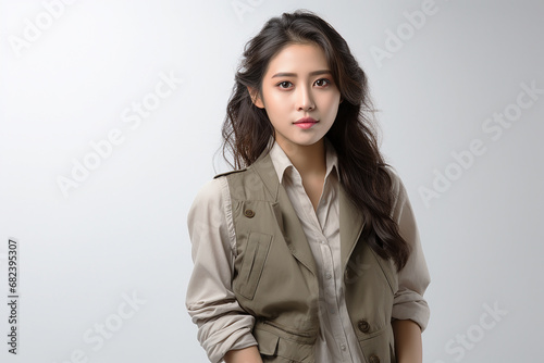 Portrait of young asian girl model. Beautiful young korean woman standing during calm face pose, wearing vest outfit. Slim body, stylish, sexy fashion woman model. Isolated on white. Generative AI