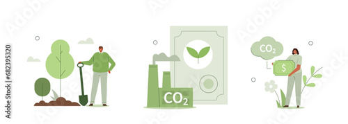Carbon credit or offset concept illustration. Collections of responsible characters buying co2 certificate to reduce environmental impact. Carbon taxes and investing. Vector illustrations set. photo