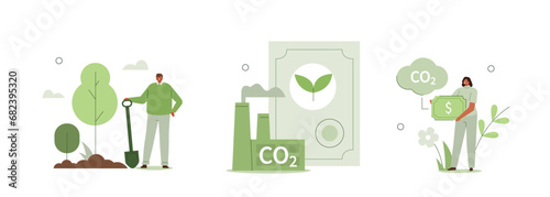 Carbon credit or offset concept illustration. Collections of responsible characters buying co2 certificate to reduce environmental impact. Carbon taxes and investing. Vector illustrations set.