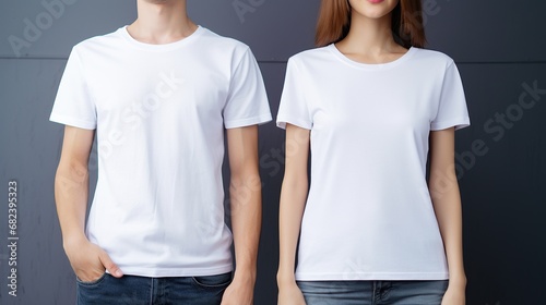  Front look. Retail concept.Young man and woman wearing a blank white t-shirt. Mock-up for printing. T-shirt template. mock up for print
