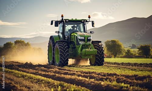 The tractor works the soil in the field with amazing background