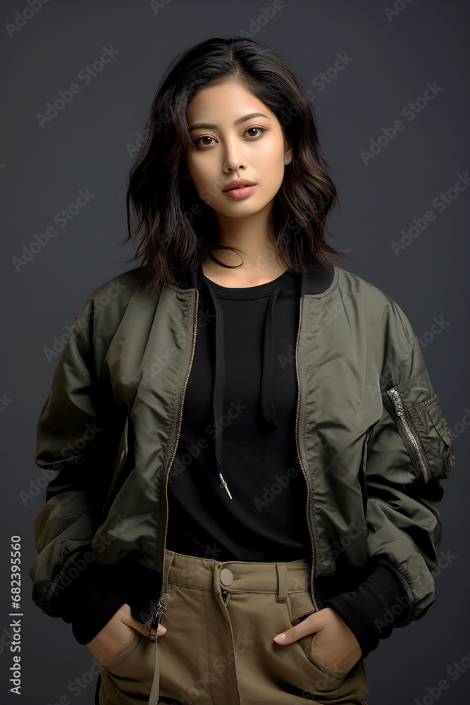 Portrait of young asian girl model. Beautiful young korean woman with perfect skin during calm face pose, wearing bomber jacket outfit. Slim body, elegance, sexy fashion woman model. Generative AI Portrait of young asian girl model. Beautiful young korean woman with perfect skin during calm face pose, wearing bomber jacket outfit. Slim body, elegance, sexy fashion woman model. Generative AI