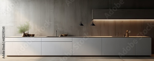 Modern long kitchen with table, minimalistic design. Without people with a counter and chairs, a widescreen image