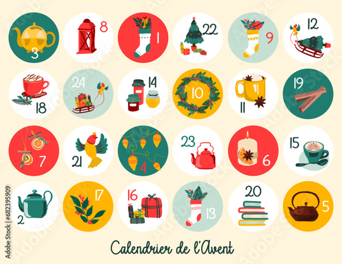 Calendrier de l’Avent cases rondes, motifs traditionnels, sapin, cadeaux, luge, bougie, couronne de Noël pour que  la magie des fêtes commence le premier décembre