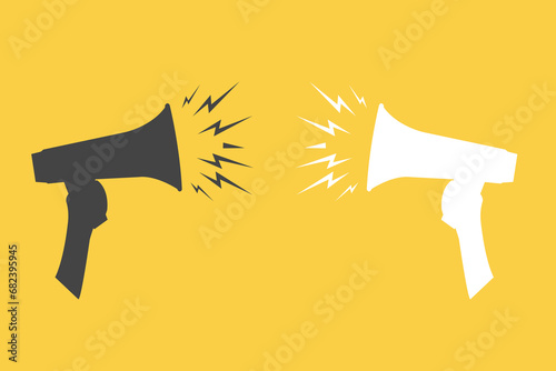 Human hands holding megaphones. Pop art design. Concept of information, creativity, social issues, rumors. Copy space for ad