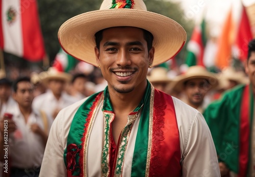 Handsome mexico men celebrate mexico day, flag and blurred crowd of people on the background