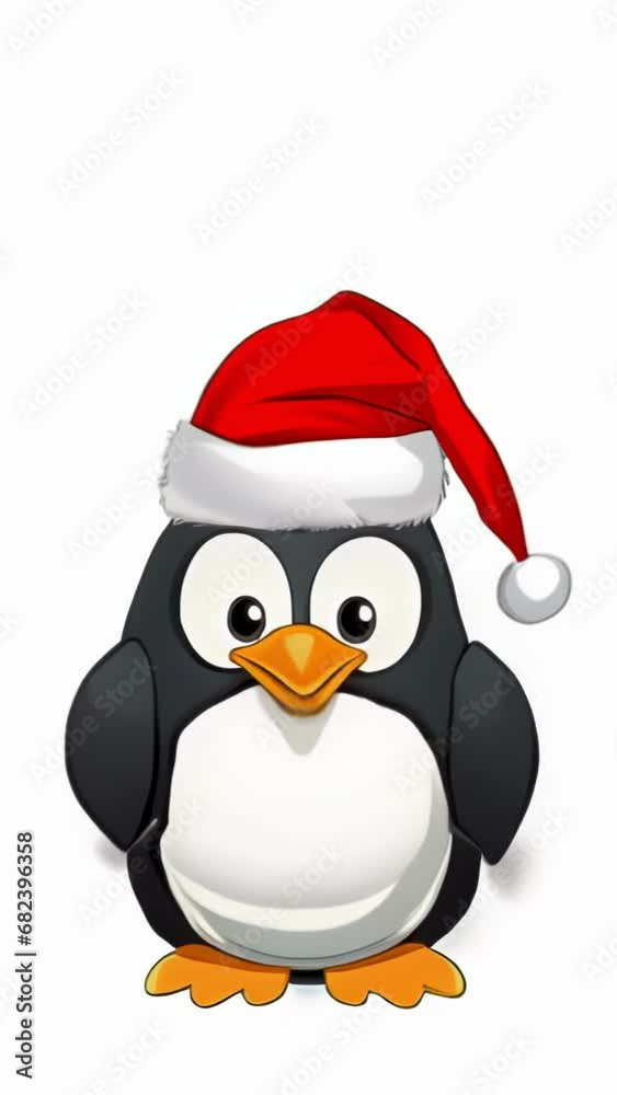 A cartoon penguin in a red Santa Claus hat is saying something on a white background. Christmas and New Year celebration concept. High quality 4k footage. A cartoon penguin in a red Santa Claus hat is saying something on a white background. Christmas and New Year celebration concept. High quality 4k footage.