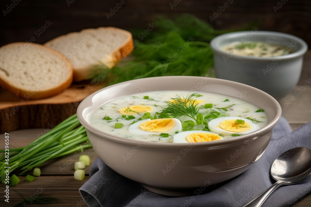 Cold white soup bowl traditional okroshka. Dairy soup decorated with herbs and boiled eggs. Generate ai