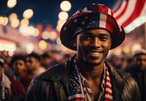Handsome black men celebrate american day, flag and blurred crowd of people on the background