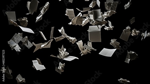 Pieces of paper garbage flying in the air, solid black background