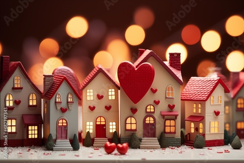 toy houses with a fence of hearts. A symbol of a house where love reigns. Theme of happiness, warmth, good luck, love, construction, travel, hotel business, family photo